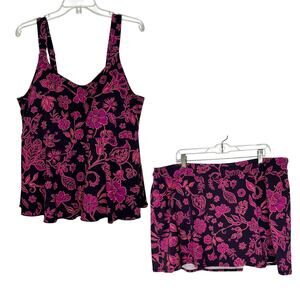 Lands End Tankini Swimsuit Womens 2X 22W Purple Pink Floral Top Skirt Swim Set
